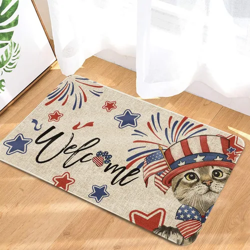 Miniatura 7 de Roszwtit Alfombra de 4 de julio para puerta 30 x 17 pulgadas, alfombra de gato para el día de la independencia, alfombra de entrada