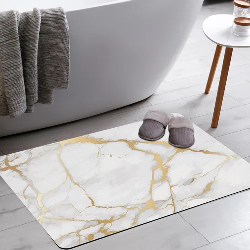 Mrcrypos Alfombra de baño con diseño de mármol blanco dorado, antideslizante, de secado rápido, súper absorbente, delgada, lavable, accesorios de