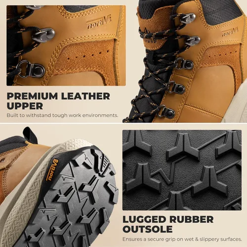 Miniatura 5 de NORTIV 8 Botas de trabajo compuestas para hombre, botas de trabajo antifatiga, impermeables, ligeras, antideslizantes, ASTM F2412-24 para Marrón