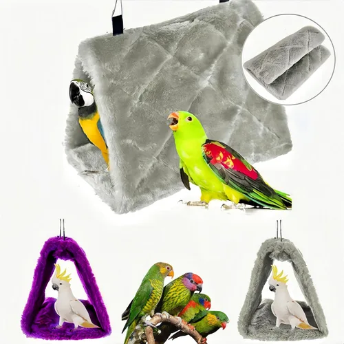 Miniatura 5 de Paquete de 2 casas de nido de pájaros cálidas, de felpa, colgante, para acurrucarse, cama colgante, hamaca para dormir, cabaña feliz para loro, Gris