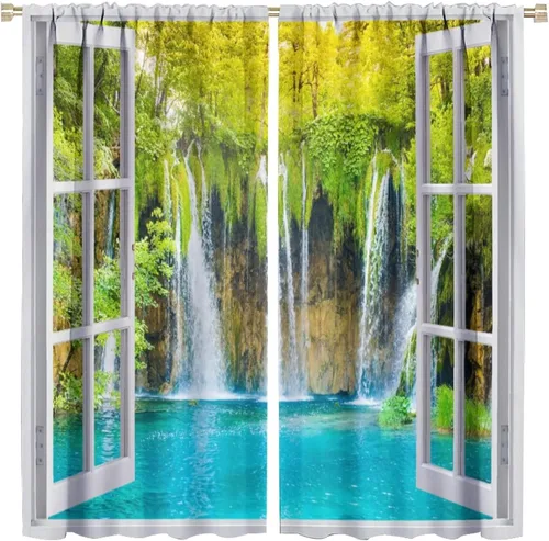 Miniatura 54 de Cortinas de paisaje, ventana tropical con vista al mar, océano, playa, barco, cortinas con estampado de palmeras para dormitorio, sala de estar, Mar