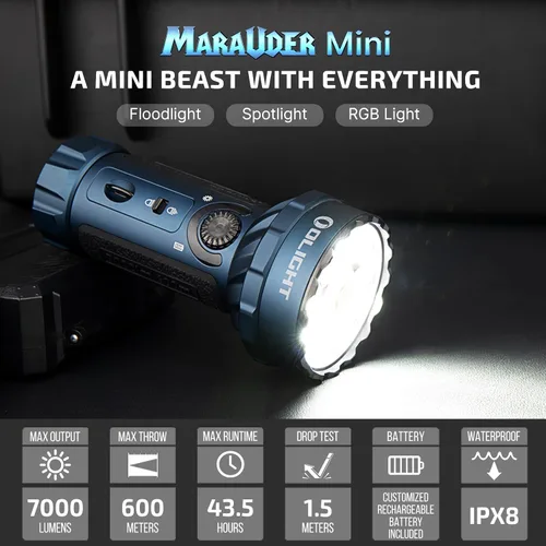 Miniatura 2 de OLIGHT Marauder Mini 7,000 lúmenes linterna brillante con distancia de haz de 600 metros, potentes luces RGB, recargable magnética para trabajo al