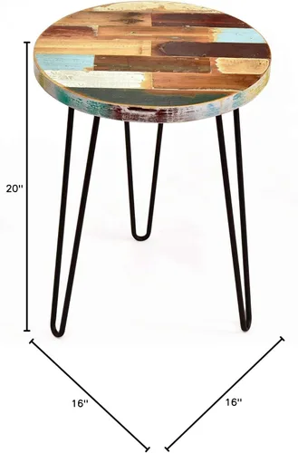 Miniatura 2 de WELLAND Mesa auxiliar de madera recuperada, mesa auxiliar redonda con patas de horquilla, 16 pulgadas de largo x 16 pulgadas de ancho x 20.5