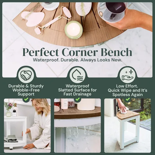 Miniatura 3 de ROHKEX Taburete de ducha esquinero impermeable, paquete de 1, blanco y marrón, taburete de afeitar estable para piernas, asiento de banco de ducha