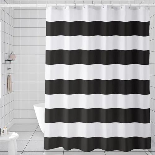 AmazerBath Cortina de ducha en blanco y negro, tela a rayas con 2 piedras pesadas, 72 pulgadas de ancho x 72 pulgadas de alto
