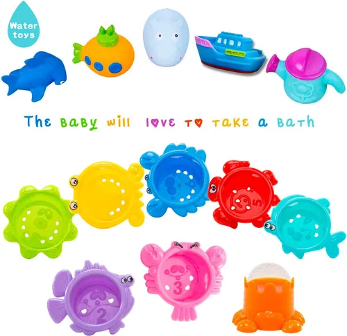 Miniatura 2 de INNOCHEER Juguetes de baño para bebés para niños pequeños, juguetes de mesa de agua con tazas apilables sin moho, red organizadora de secado rápido