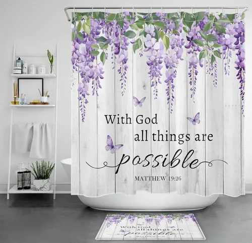 Miniatura 11 de LB Cortina de ducha de hortensias azules para baño, cortina de ducha rústica de girasol amarillo botánico y lavanda púrpura con ganchos, cortina