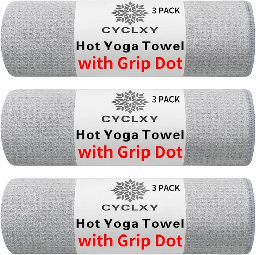 Paquete de 3 toallas de esterilla de yoga con punto de agarre, toalla de yoga caliente antideslizante para esterilla de yoga antideslizante, Gris