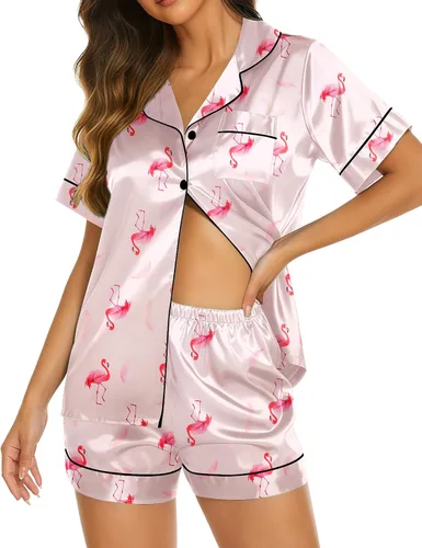 Miniatura 34 de Ekouaer Pijamas de seda para mujer, ropa de dormir de manga corta, suave, con botones, ropa de descanso, 2 piezas, pijama de satén, conjunto