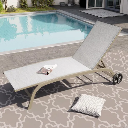 Crestlive Products Tumbona de aluminio para exteriores con respaldo y ruedas ajustables de 5 posiciones, tumbona para todo tipo de clima para patio,