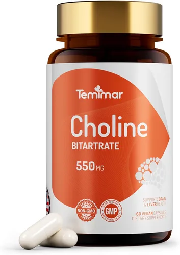 Bitartrato de colina de 550 mg, apoya la salud del hígado y el cerebro, suplementos de colina de alta absorción, sin OMG, sin gluten, fabricado en