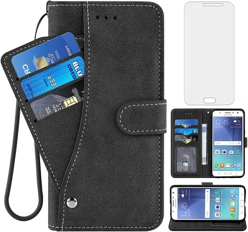 Asuwish Compatible con Samsung Galaxy J5 2015 - Funda tipo cartera y protector de pantalla de vidrio templado, soporte para tarjetas de crédito,