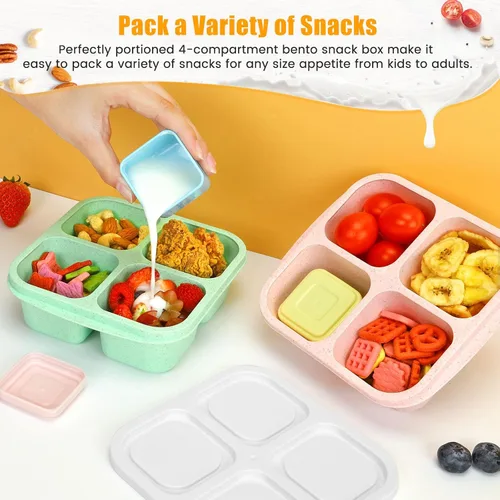 Miniatura 2 de Caperci Recipientes para aperitivos con 4 compartimentos (paquete de 4) con 2 tazas de salsa a prueba de fugas, recipientes divididos reutilizables
