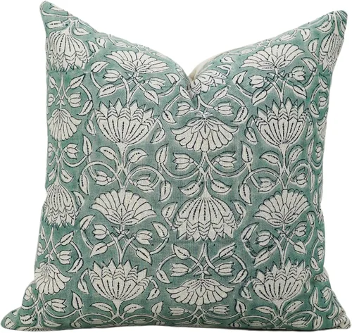 Miniatura 7 de Funda de cojín elegante de lino blanco roto con estampado de bloque a mano, 14 x 14 pulgadas, con cremallera invisible para sofá, cama, sala de Negro