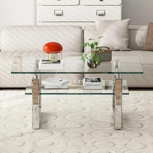 Miniatura 3 de IKIFLY Mesa de centro de cristal con tablas de vidrio de 2 niveles y patas de metal resistentes, mesa auxiliar rectangular de vidrio transparente