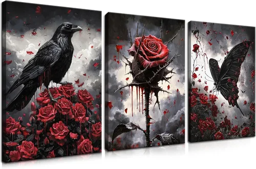 Miniatura 13 de Lienzo de pared de Halloween con marco de madera gótica para sala de estar, juego de 3 impresiones románticas de cuervo y mariposa, decoración
