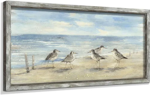 Pintura enmarcada de playa para decoración de pared: arte abstracto de la pared del océano, pintura al óleo costera, gaviotas, imagen impresa en
