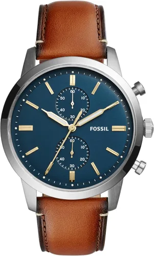 Fossil Men's Townsman Quartz Stainless Steel and Leather Chronograph Watch Cuero Marrón/Plata/Azul