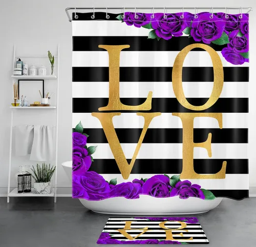 Miniatura 8 de LB Cortina de ducha con diseño de flores rojas y rosas para el día de San Valentín, diseño de hojas verdes y doradas, cortinas de ducha para baño
