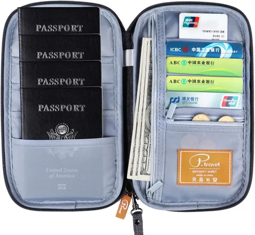 Miniatura 19 de VanFn Cartera RFID para pasaporte de viaje, soporte para pasaporte familiar, organizador de documentos de viaje serie P.Travel (nailon, gris)