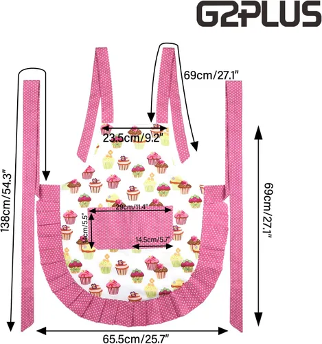 Miniatura 2 de G2PLUS Delantales para mujeres con bolsillos, 29 x 21 pulgadas lazos extra largos delantal de cupcake, delantal de damasco vintage rosa para cocina