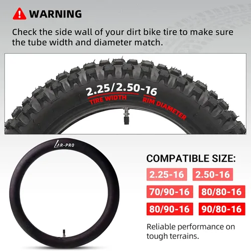 Miniatura 2 de AR-PRO 2.25/2.50-16 Tubos Interiores para Bicicletas de Dirt con Válvula Recta TR4, 70/90-16 Tubos Interiores de Motocicleta Todoterreno de Servicio