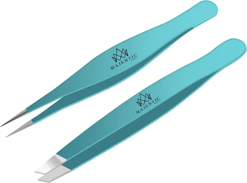 Majestic Bombay Pinzas de punta fina + inclinadas para mujeres y hombres, garrapatas astilladas, depilación facial, cejas y encarnadas, afiladas,