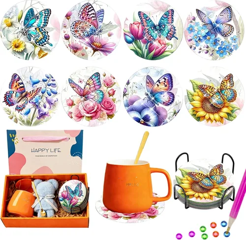 Miniatura 20 de TDOOW 8 Piezas Posavasos de Pintura de Diamante, Posavasos de Arte de Diamante de Girasol para Adultos DIY Posavasos de Arte de Diamante