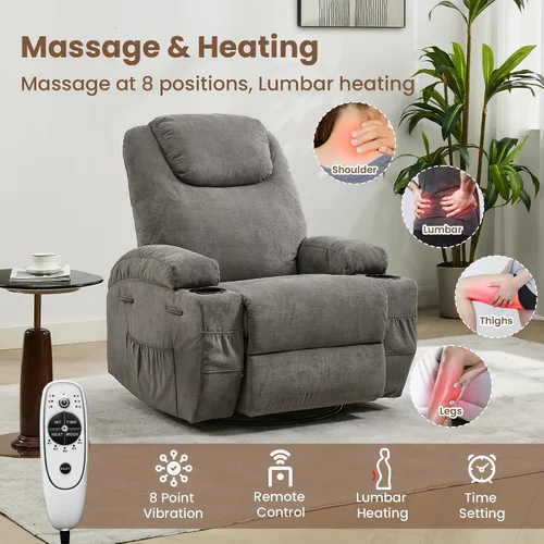 Miniatura 7 de Silla reclinable giratoria de 360° con masaje y calor para adultos, silla reclinable eléctrica con cojín suave y bolsillo lateral, cómoda mecedora