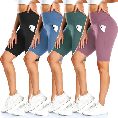 FULLSOFT Paquete de 4 pantalones cortos de ciclista para mujer con bolsillos 8" cintura alta control de abdomen, pantalones cortos de entrenamiento