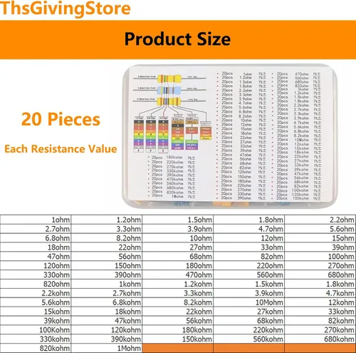 Miniatura 2 de Kit surtido de resistencias de 73 valores de 1460 piezas, 1 ohmio - 680k Ohm 1/4w 1% Metal Resistors Kit con caja de almacenamiento para proyectos