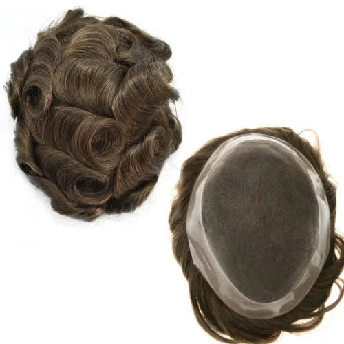 Miniatura 25 de Peluca de cabello humano monofilamento fino para hombre tipo tupé de polietileno alrededor del sistema de cabello, peluca duradera de monofilamento