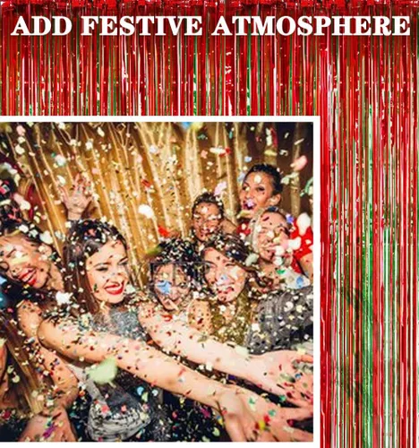 Miniatura 3 de Paquete de 6 cortinas de flecos de aluminio, decoración de fiesta de Navidad, cortinas brillantes metálicas rojas y verdes, 3.28 x 8.2 pies