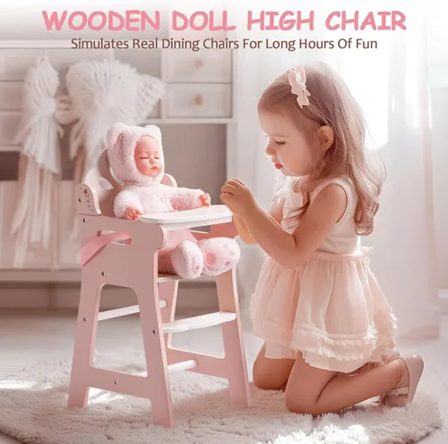Miniatura 6 de ROBUD Silla alta de muñeca de bebé, silla alta de juego de simulación con cinturón de seguridad, accesorios de muñeca de madera rosa con mesa móvil