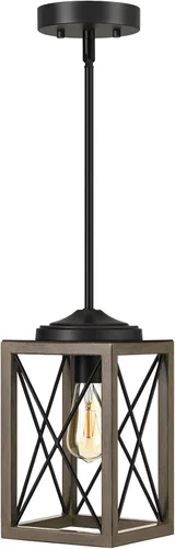 Miniatura 12 de DEWENWILS Lámpara colgante de granja, lámpara colgante de metal con acabado de grano de madera, tubos ajustables de 48 pulgadas para techo plano