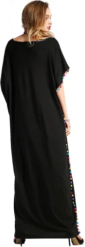 Miniatura 2 de Floerns Maxivestido caftán holgado con cuello redondo y ribete de pompón para mujer