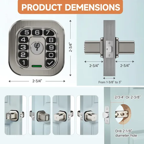 Miniatura 7 de Richelock Pomo de puerta cuadrado con teclado, cerradura de puerta de entrada Keylees con cilindro, bloqueo automático, impermeable y resistente a