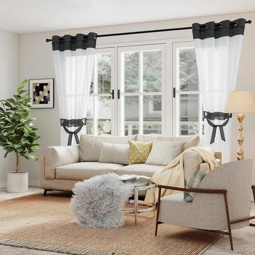 Miniatura 2 de L.Z.E - Cortinas transparentes blancas y negras de 63 pulgadas de largo, 2 paneles para sala de estar, cortinas elegantes y modernas transparentes