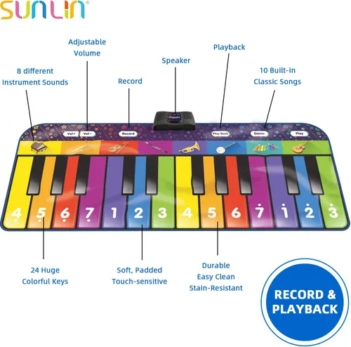 Miniatura 3 de SUNLIN Alfombrilla de piano de suelo de 6 pies para niños y niños, tapete de piano gigante, 24 teclas, 10 canciones integradas, 8 sonidos