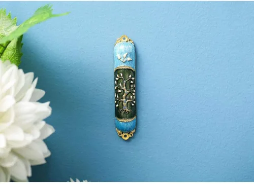 Miniatura 6 de Mezuzah esmaltada pintada a mano adornada con un árbol de la vida diseño con detalles dorados y cristales por Matashi, (MTMZ221)