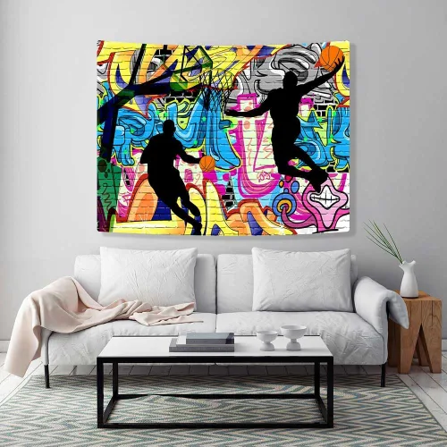 Miniatura 3 de Ine Ive Tapiz deportivo de baloncesto con graffiti nostálgico, póster de pared de arte callejero de 40 x 30 pulgadas para niños, silueta de tiro