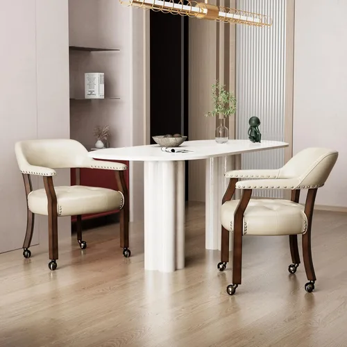 Miniatura 47 de Juego de 8 sillas de cuero de comedor con ruedas y brazos, silla de capitán Accent con ruedas, sillas de madera con ruedas enrollables para cocina