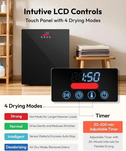 Miniatura 2 de EUHOMY Secadora portátil de 1.5 pies cúbicos con 4 programas de secado, capacidad de ropa de 5.5 libras, acabado de espejo y panel LCD, secadora