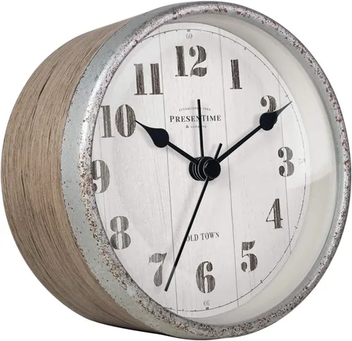 Presentime & Co - Reloj despertador de mesa de granja de 4 pulgadas, reloj de escritorio y estante, silencioso sin tictac, roble gris claro y Roble