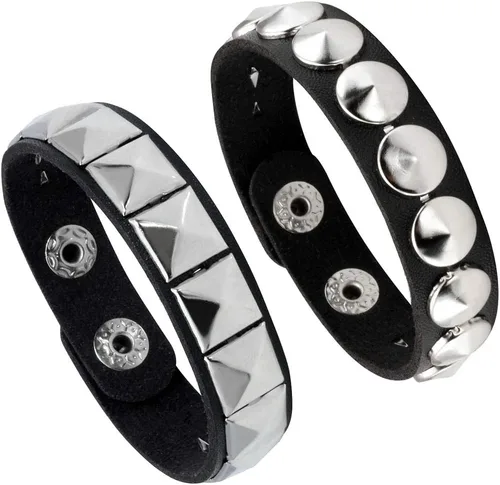 Eigso 2 pulseras de cuero negro para hombres y mujeres, ajustables, hematitas, punk, con pinchos metálicos, Cuero, No es una piedra preciosa