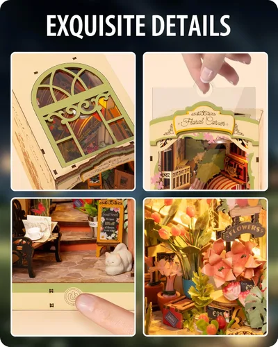 Miniatura 6 de Rincón de Libros DIY Esquina Floral, Kits de Rompecabezas 3D Rincón de Libros para Adultos, Rincones de Libros Decorativos para Estantería Escenas