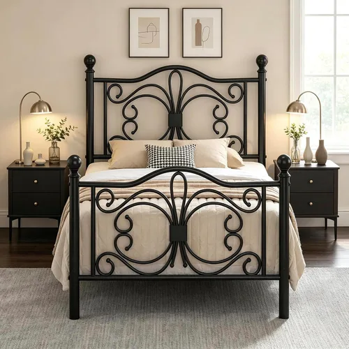 E-Motie - Base de cama de metal tamaño individual con cabecera y estribo de diseño de mariposa, soporte de listones de acero, no necesita somier,