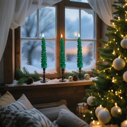 Miniatura 5 de Fo32won Candelabros sin llama en forma de árbol de Navidad a pilas con control remoto y temporizador, juego de 4 velas LED cónicas de cera real