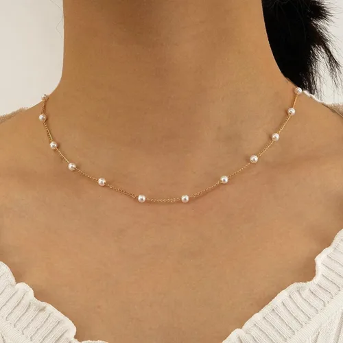 Miniatura 3 de Delicados collares de perlas para mujer, chapado en oro de 14 quilates, collar de perlas en capas, gargantilla de perlas simples, regalo de joyería