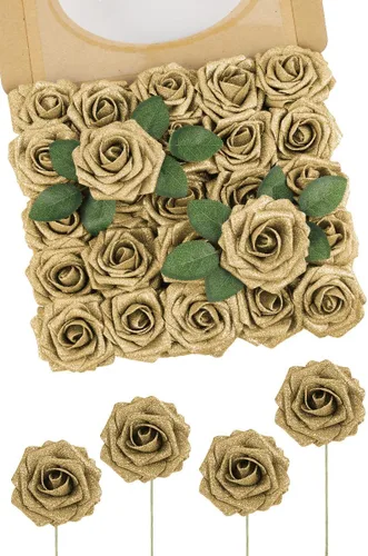 Miniatura 10 de N&T NIETING 25 unidades de flores artificiales, Rosas de espuma artificial de sensación real al tacto, decoración para boda, dama de honor, ramo
